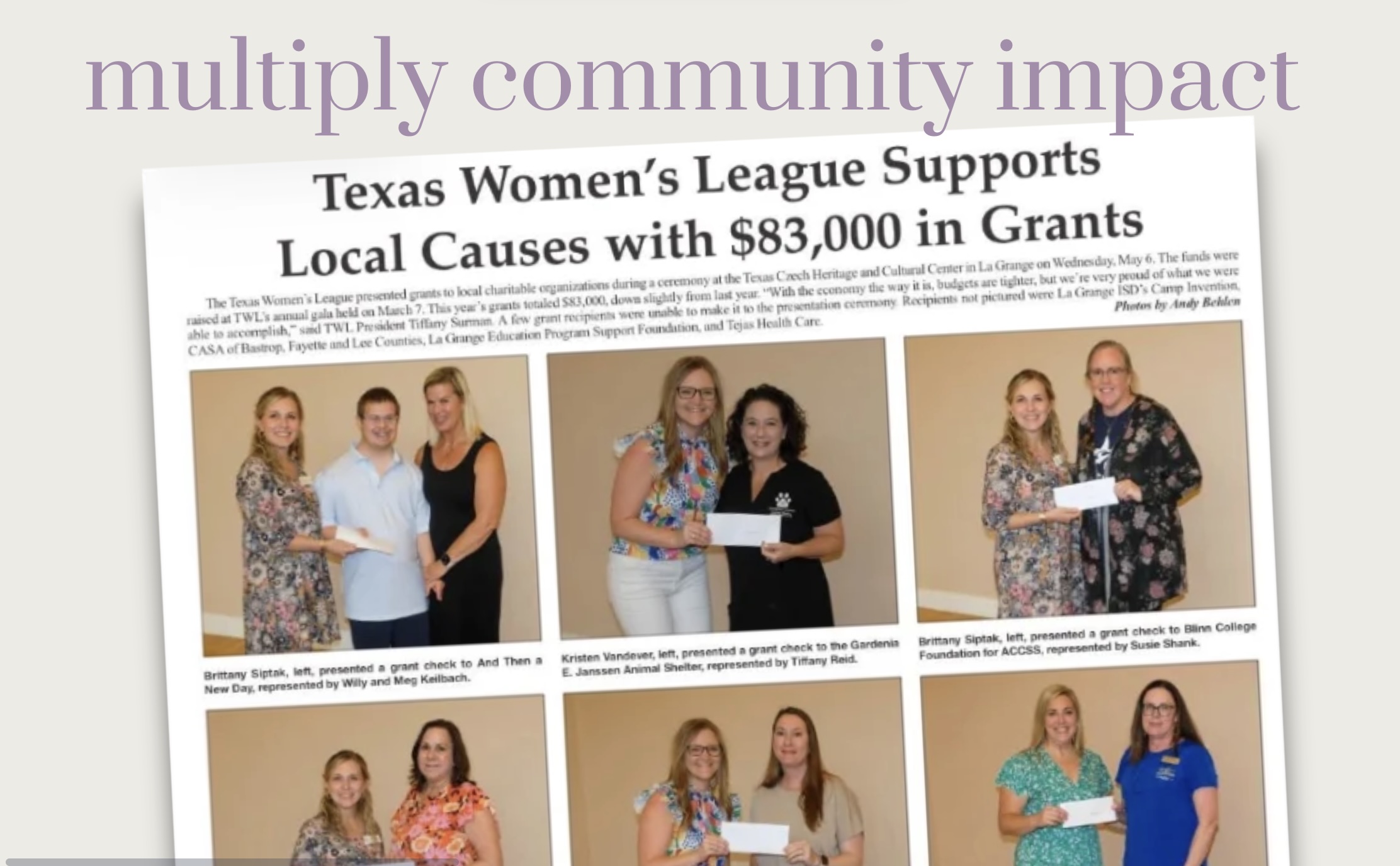 Newspaper clipping: Texas Women's League supports local causes with $83,000 in grants
